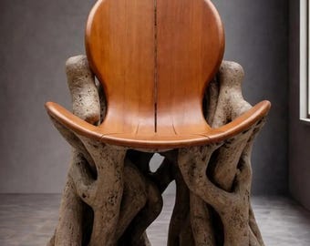 Stoel met sculpturaal houtaccent, onderstel met organische wortel, rustieke fauteuil van drijfhout, Wabi Sabi-stoelen