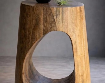 Solid Wood Sculptural Accent Table, Organic Modern Stool, Minimalist Pedestal Stand