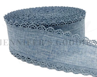 2.5", Linen Ribbon, Scallop Edge Ribbon, DUSTY BLUE, Canvas Ribbon, Hair Bow Ribbon, Scallop, 3 YARDS