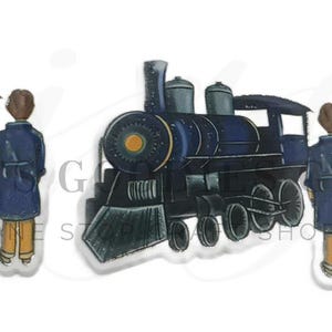 May include: Two train-themed stickers with a person in a blue coat standing next to each train. The trains are black and blue with yellow accents. A quarter is included for size comparison.