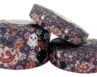 Halloween Ribbon, Floral Ribbon, Pumpkin Ribbon, Ghost, Bats, Hair Bow Ribbon, Ribbon for Crafts, Lanyard Ribbon, 3 YARDS