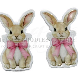 May include: Two bunny-shaped stickers with a watercolor effect. The bunnies are light brown with pink bows and long ears. The text "JENNIFER'S GOODIES GALORE" is visible. These stickers are perfect for Easter or spring crafts.