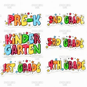 May include: Colorful, cartoon-style grade labels with white outlines and star and flower accents. The labels read: Pre-K, 1st Grade, 2nd Grade, 3rd Grade, 4th Grade, Kindergarten.