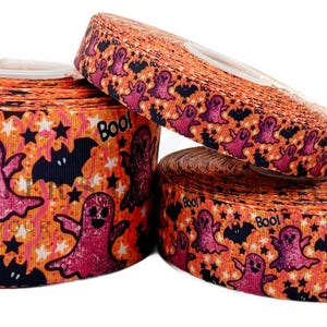 Halloween Ribbon, Glittery Retro Neon Halloween Ribbon, Boo!, Bats Ribbon, Spooky Ribbon, 3 YARDS