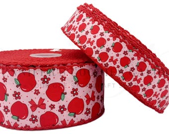 Apples Ribbon, grosgrain ribbon, moonstitch, Red moonstitch ribbon, embroidery ribbon, moonstitch ribbon, Fruit ribbon, 3 YARDS
