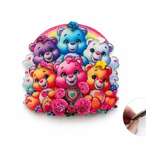 May include: A colorful pin featuring six cartoon bears in various colors, including pink, blue, and orange, arranged in a group. A rainbow arches above them, and the bears are surrounded by clouds and flowers. The pin has a glittery finish.