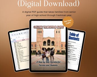 May include: Digital college transition guide, displayed on three tablets. The central tablet shows the cover with the title "College Transition Guide" and a photo of a university building. The guide includes checklists and timelines for students and parents.