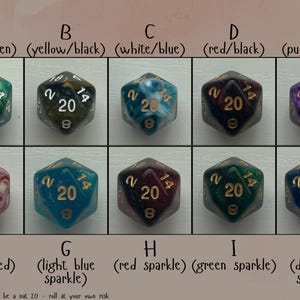 May include: A collection of ten twenty-sided dice in various colors, including blue, green, yellow, black, white, red, and purple. Each die features gold numbering and is labeled with a letter from A to J. The text at the bottom reads "not guaranteed to always be a nat 20 - roll at your own risk."