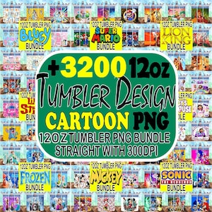 Può includere: Una collezione di design per bicchieri da 12 once con vari personaggi dei cartoni animati. L'immagine include pacchetti con personaggi di Bluey, Super Mario, Il Re Leone, Frozen, Mickey Mouse e Sonic the Hedgehog. Testo: "+3200 12oz Tumbler Design Cartoon PNG".
