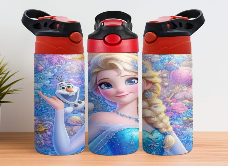 May include: Three water bottles with black lids and red accents. The bottles feature a colourful design with the character Elsa from the movie Frozen, and the snowman Olaf. The bottles are cylindrical and appear to be made of metal.