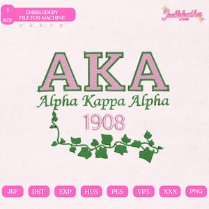 Diseño de bordado Alpha Kappa Alpha, archivo digital de la hermandad Ivy Leaf, patrón rosa y verde, también conocido como 1908 Pes Dst Emb Jef, descarga instantánea de arte