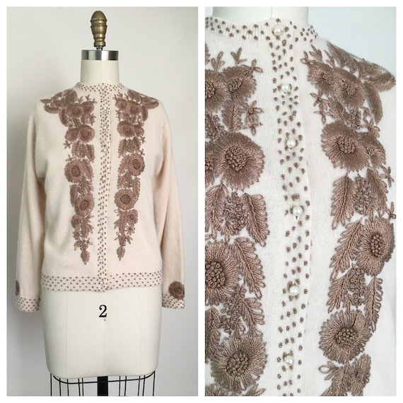 1950s Cashmere Cardigan / Floral Cardigan
