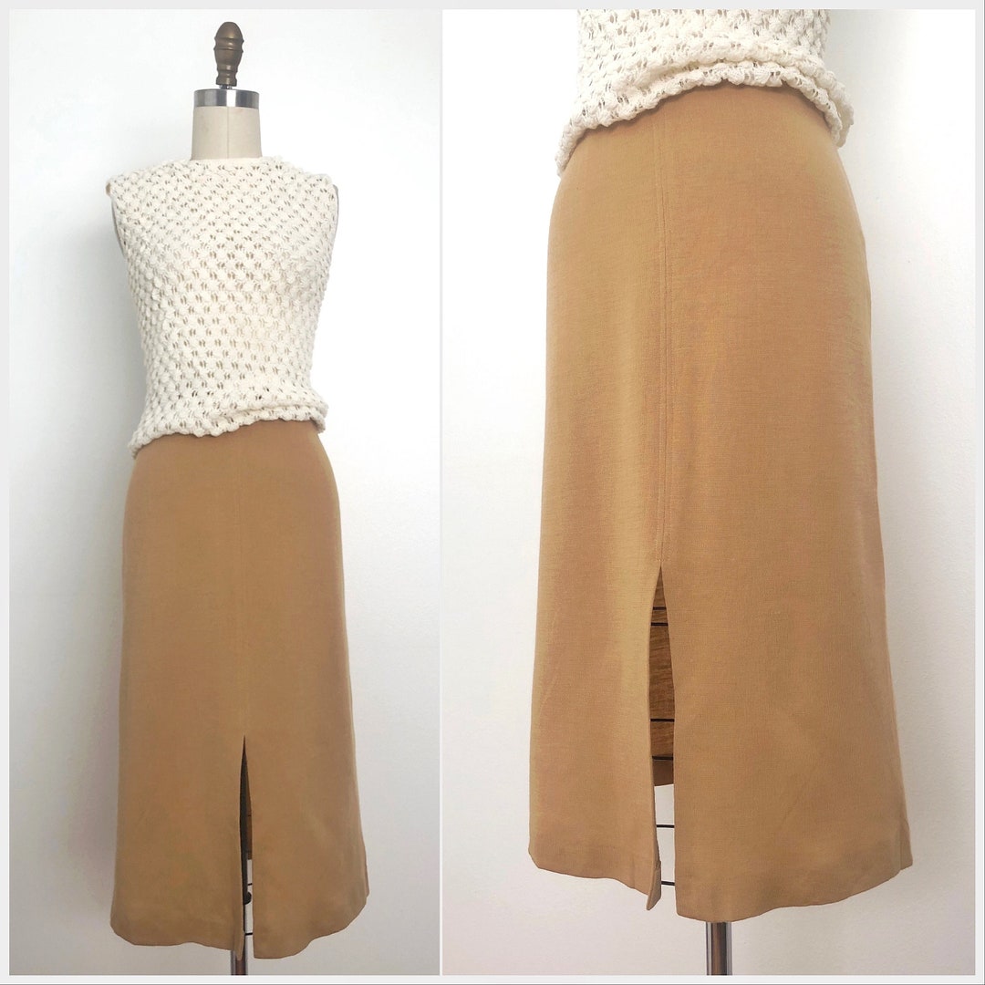 70s Camel Striped Pleated Button Skirt w Belt M