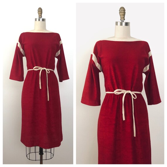 1970s Marena Terry Cloth Dress | Vintage Red Dress