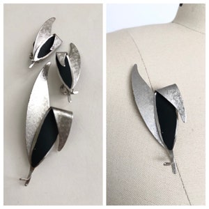 1960s Silver Leaf Jewelry Set | Vintage Earrings and Brooch