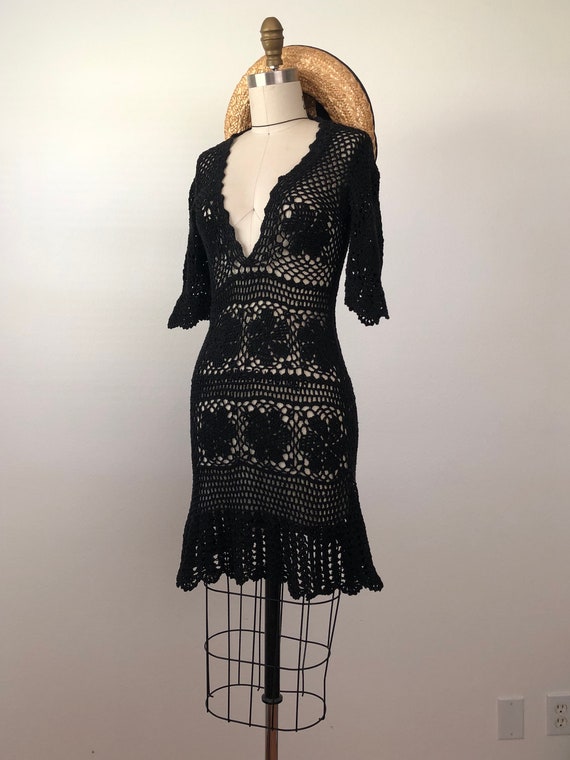 90s Black Crochet Mini-Dress - image 3