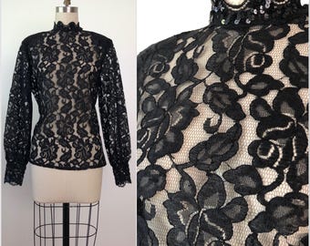 Vintage 80s 90s Lace Top + Skirt Set. Lace Long Sleeve