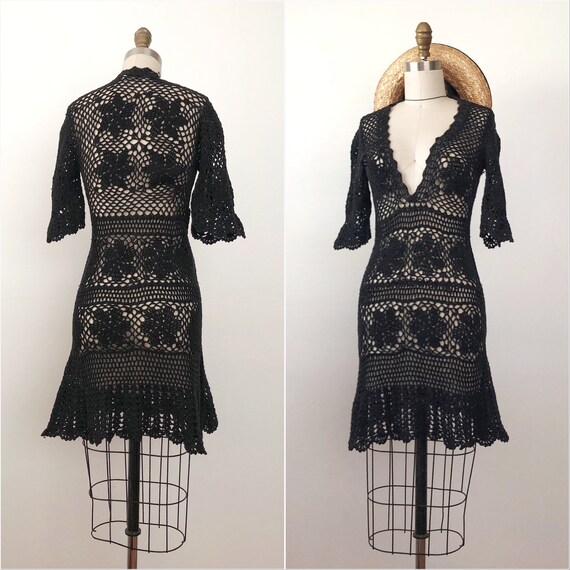 90s Black Crochet Mini-Dress - image 1