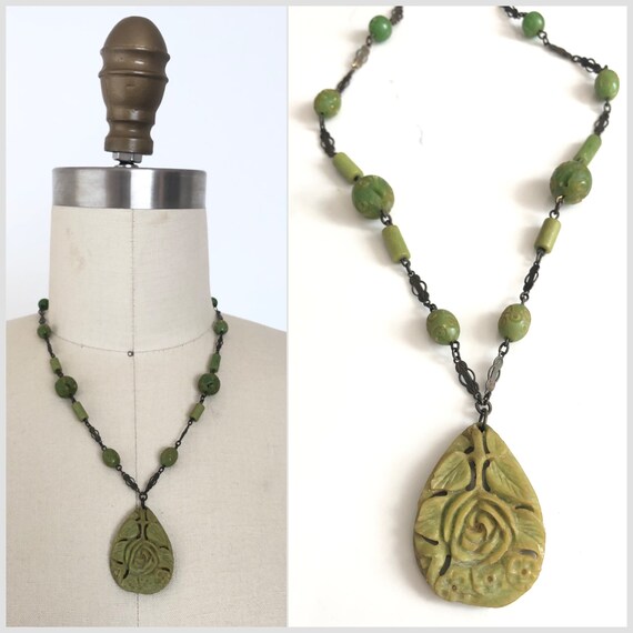 1930s Green Herbal Carved Necklace - image 1