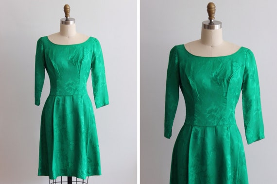 1950s Emerald Green Brocade Cocktail Dress