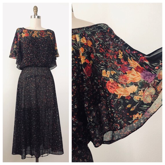 1970s Leandra Floral Dress | Black Floral Dress