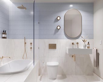 COASTAL BADEROOM DESIGN Ready-To-Go Renovation Pack (Rechteckiges Badezimmer mit Dusche über der Badewanne, WC und Waschbecken)