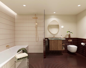 MIDCENTURY BATHROOM DESIGN Ready-To-Go Renovation Pack (Rechteckiges Badezimmer mit Badewanne, Dusche, Waschbecken & Toilette)