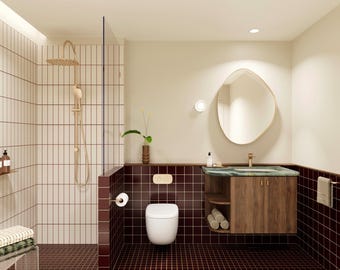 MIDCENTURY BATHROOM DESIGN Ready-To-Go Renovation Pack (Rechteckiges Badezimmer mit Dusche, Toilette und Waschbecken)