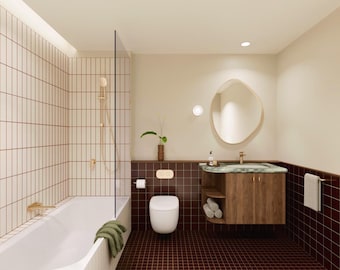 MIDCENTURY BATHROOM DESIGN Ready-To-Go Renovation Pack (Rechteckiges Badezimmer mit Badewanne, Dusche, Waschbecken & Toilette)