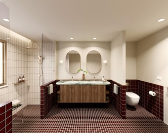 Fertiges Mid-Century Badezimmer Design Pack (freistehende Badewanne, Doppeldusche, WC & Doppelwaschbecken)