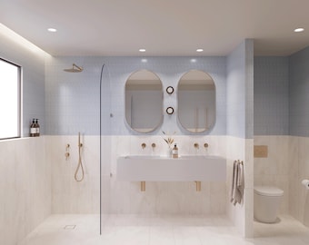 COASTAL BADEROOM DESIGN Ready-To-Go Renovation Pack (Großes Badezimmer mit freistehender Badewanne, Doppeldusche, WC & Doppelwaschbecken)