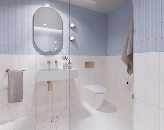 COASTAL BATHROOM DESIGN Ready-To-Go Renovation Pack (Quadratisches Badezimmer mit Dusche, Toilette und Waschbecken)