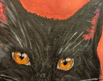 猫アート、キャンバスに描かれた黒猫の絵画、オリジナルアクリル