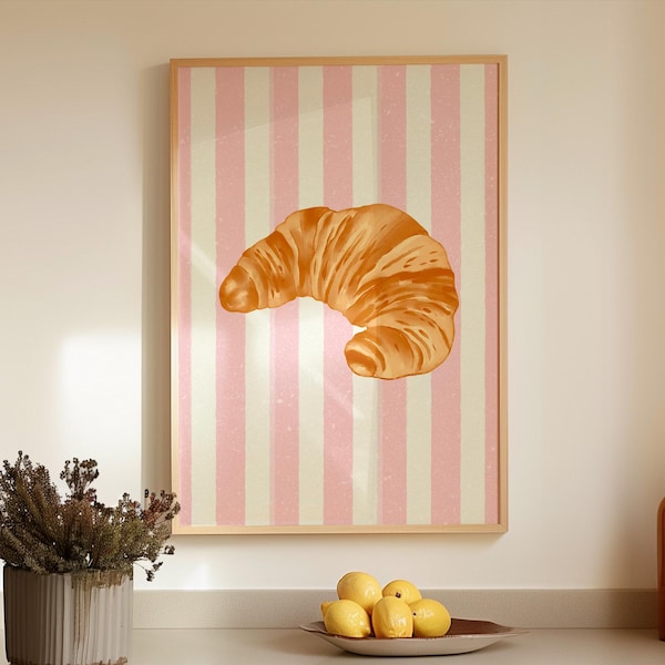 Trendy Croissant Art Print: Pink Striped Foodie Wall Art (Digital Download)