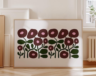 Burgundy Abstract Floral Print: Modern Pink Horizontal Wall Art (Digital Download)