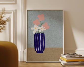 Flowers in a Striped Vase Print, Abstract Floral Wall Art, Eclectic Décor Poster (Digital Download)