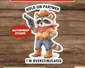 Hold On Partner Im Overstimulated Sticker, Cowboy Frog Sticker, Cowboy Frog Unhinged Sticker, Cute Animal Sticker, Funny Frog Sticker