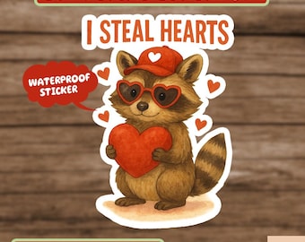 Retro Valentine Raccoon Holding Heart Sticker, Cute I Steal Hearts Vday Sticker, Checkered Valentine Sticker, Raccoon Love XOXO Sticker