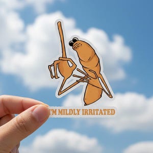 May include: A sticker featuring a cartoonish, orange creature with a grumpy expression and long limbs. The sticker has the text "I'M MILDLY IRRITATED" in brown letters. The background is a blue sky with white clouds.