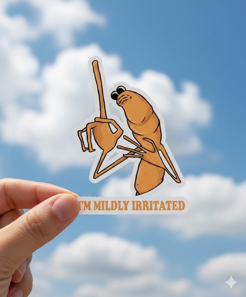 May include: A sticker featuring a cartoonish, orange creature with a grumpy expression and long limbs. The sticker has the text "I'M MILDLY IRRITATED" in brown letters. The background is a blue sky with white clouds.