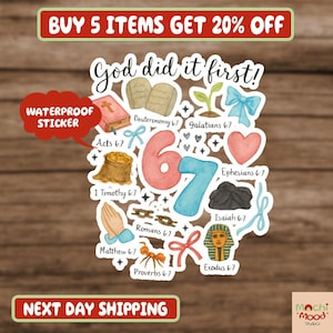 May include: A colorful waterproof sticker with the phrase "God did it first!" and various religious symbols, including a heart, a bow, and a book. The sticker also includes the text "Buy 5 items get 20% off".