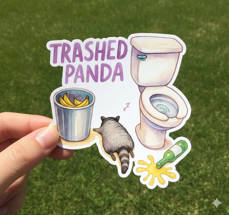 May include: A sticker with the text "Trashed Panda" above an illustration of a raccoon, a toilet, a trash can with bananas, and a spilled bottle. The raccoon is lying down next to the toilet.