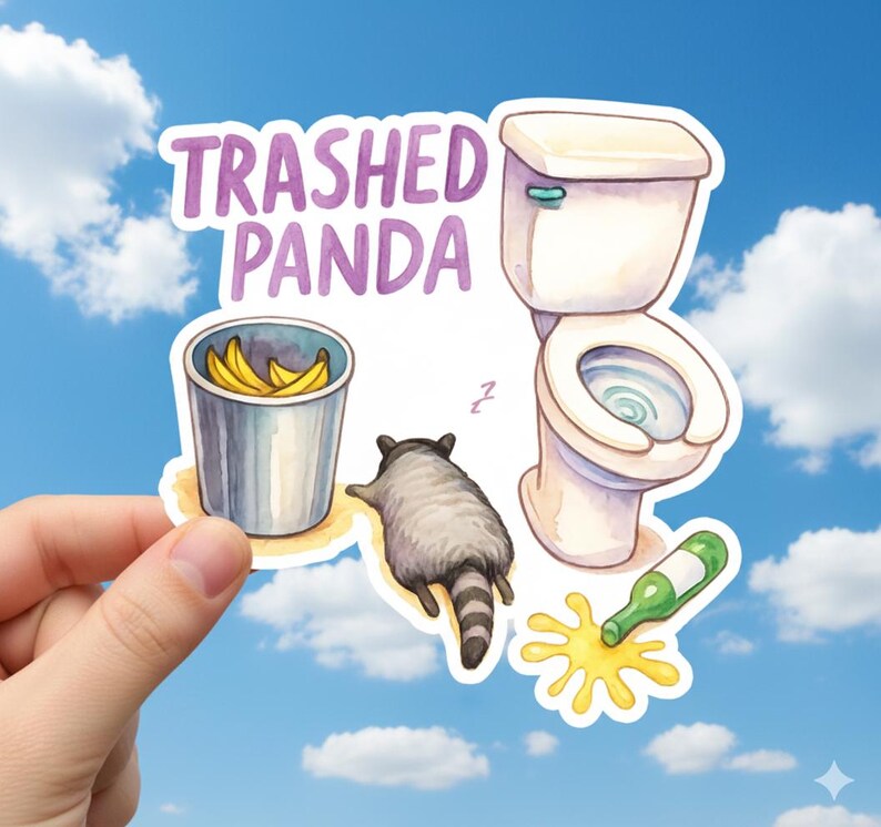 May include: A sticker with the text "Trashed Panda" above a cartoon illustration of a raccoon, a toilet, a trash can with bananas, and a spilled bottle. The sticker is held against a blue sky background.