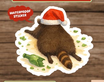 Trashed Panda Funny Drunk Raccoon Christmas Sticker, hilarious animal humor gift, vintage raccoon Sticker, Funny Sticker