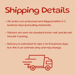 May include: Text on a peach background reads "Shipping Details." Bullet points below detail order processing, shipping times, and delivery estimates. A red outline of a delivery truck is at the bottom of the image.