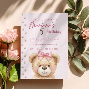 Cute Teddy Bear Girl Birthday Invitation - Editable Canva Template