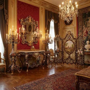 Könnte beinhalten: Ein opulenter Raum mit aufwendigen goldenen Verzierungen, roten Wänden und einem großen Kronleuchter. Der Raum verfügt über antike Möbel, darunter ein Konsolentisch, ein Spiegel und ein dekorativer Raumteiler. Der Boden ist aus Holz, und ein gemusterter Teppich sorgt für Wärme.