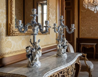 Augustus Rex Meissen Blue & White Figural Floral 4 Arm Porcelain Candelabras