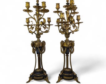 Antique Pair Of Large Napoleon French Empire Gilded Bronze & Black Marble Candelabras