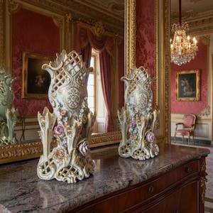 Antique Pair Of 19th Century Jacob Petite Reticulated Floral Encrusted Vases